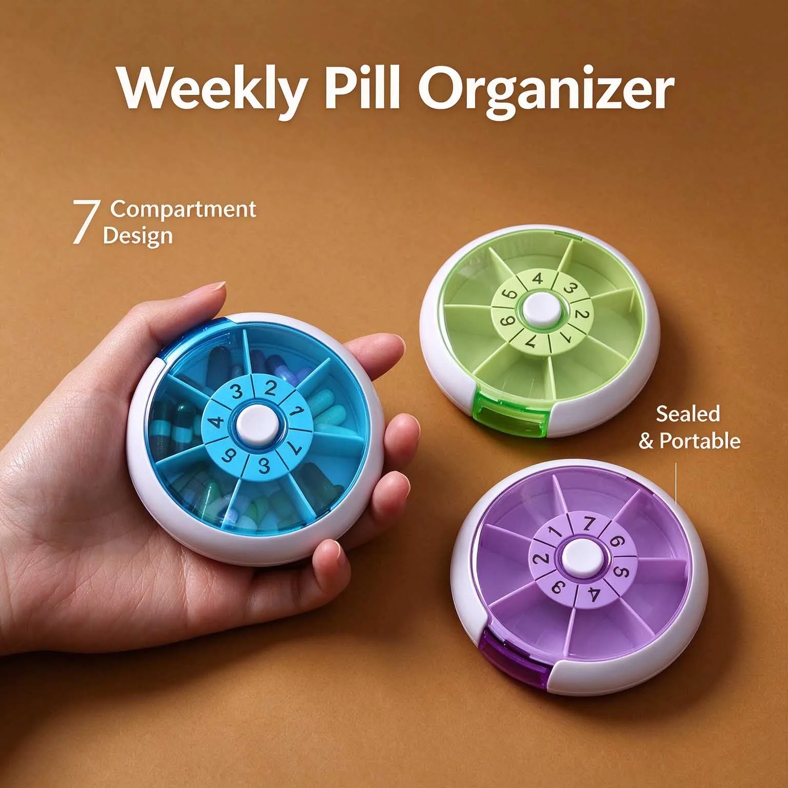 7 Day Weekly Pill Organizer Portable Round Rotary 7 Compartment Mini Case for Pills & Beads Storage Easy to carry Seal Integrity