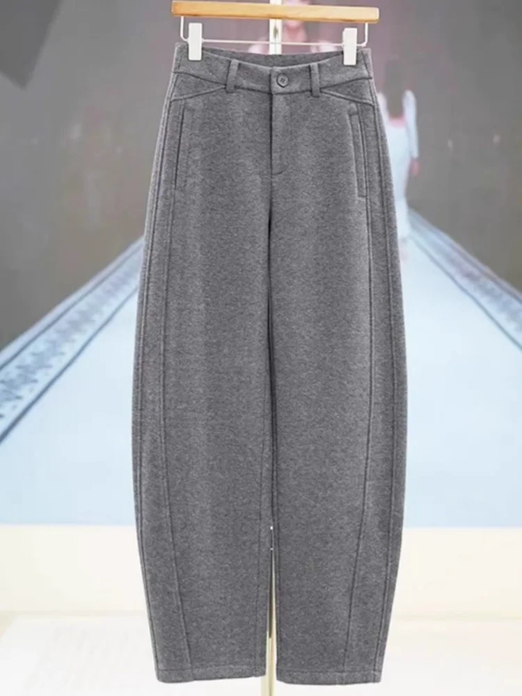 Calças Femininas de Lã com Corte Reto e Cintura Alta, Estilo Casual, Cor Pura, Versão Coreana