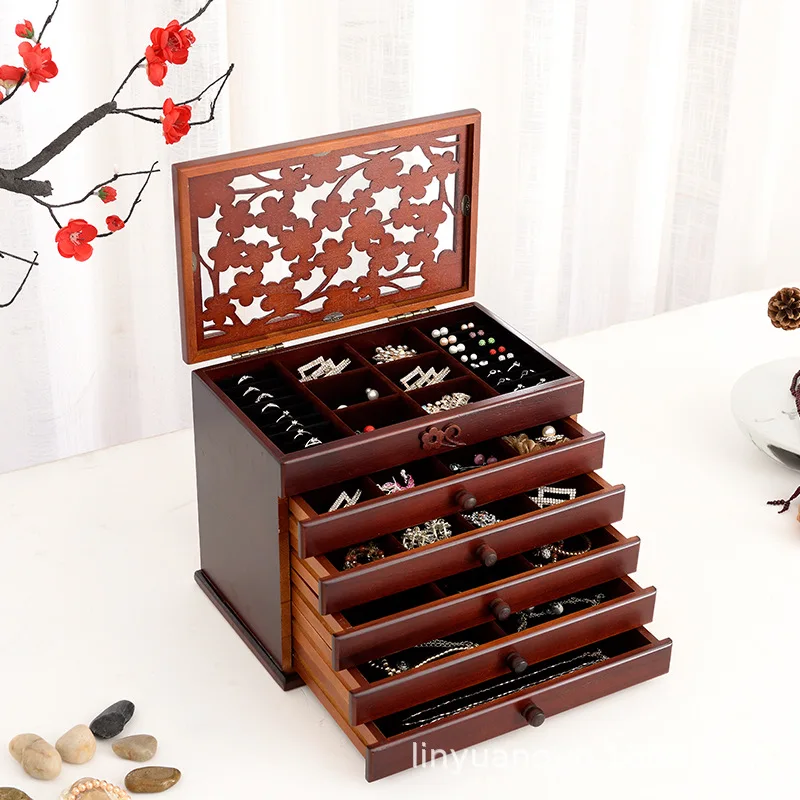 

Drawer Jewelry Box Wood Bracelet Necklace Ring Eaarings Jewelry Boxes Large Jeweler Organizer for Women Decorative Storage Tray