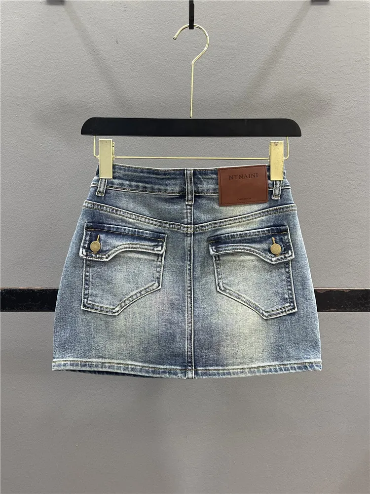 

Retro American Workwear Denim Skirt Women's Slim Fit Short Skirt Summer 2026 High Waist Cotton Polyester Blend Casual Style