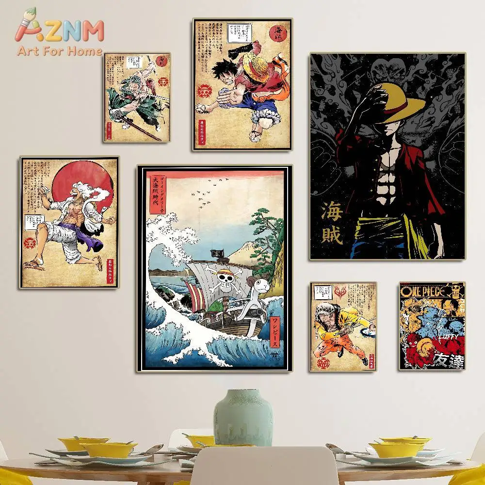 AZNM One Piece Luffy Gear5 Zoro Sanji Ukiyo-e Retro Japanese Style Anime Frameless Canvas Wall Art, Vintage Manga Home Living Ro