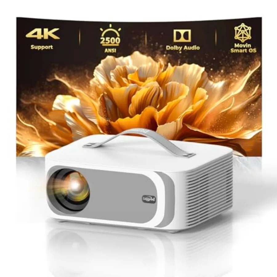

Портативный 4K-проектор с Wi-Fi и Bluetooth, 2500 ANSI, автофокусировка AI, HDR10+, 35 Вт, умный проектор для спальни/потолка/дома, черный