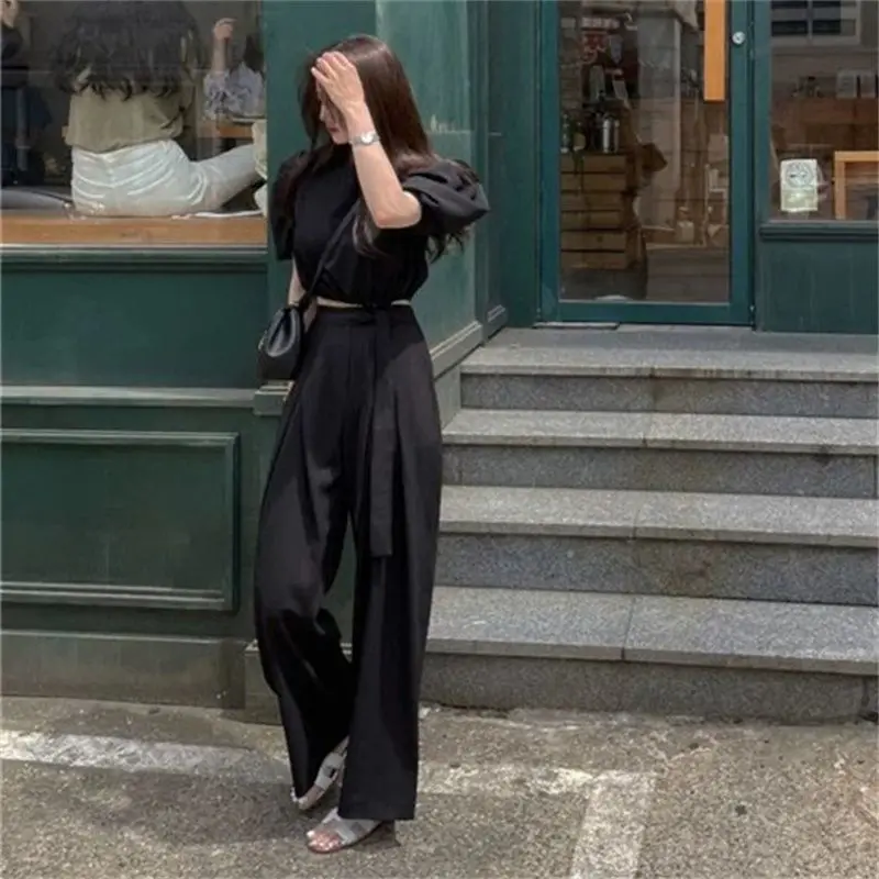 سراويل نسائية واسعة الساق كاملة وشاحات 2025 جديدة عالية الخصر صيفية أنيقة وبسيطة سراويل فضفاضة مستقيمة للسيدات