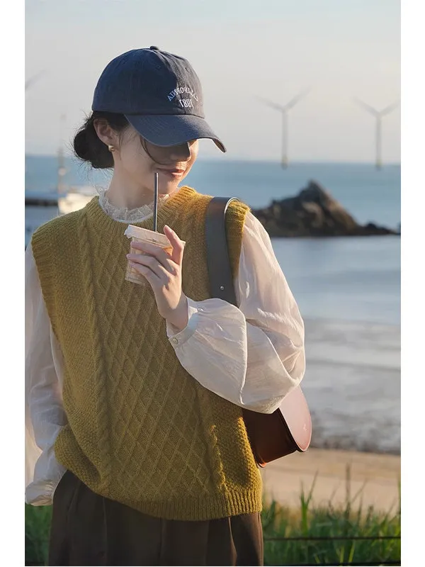 

Ele Yellow Plaid Knitted Vest Women's Spring Autumn round Ne Svel Sweater Commute Sle Warmth Comfortable Fit