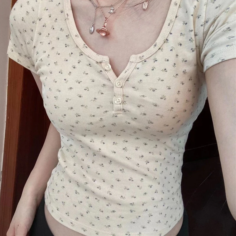 Summer Women Retro Floral U Neck Buttons Short Sleeve T-shirt Hottie Slim Crop Top