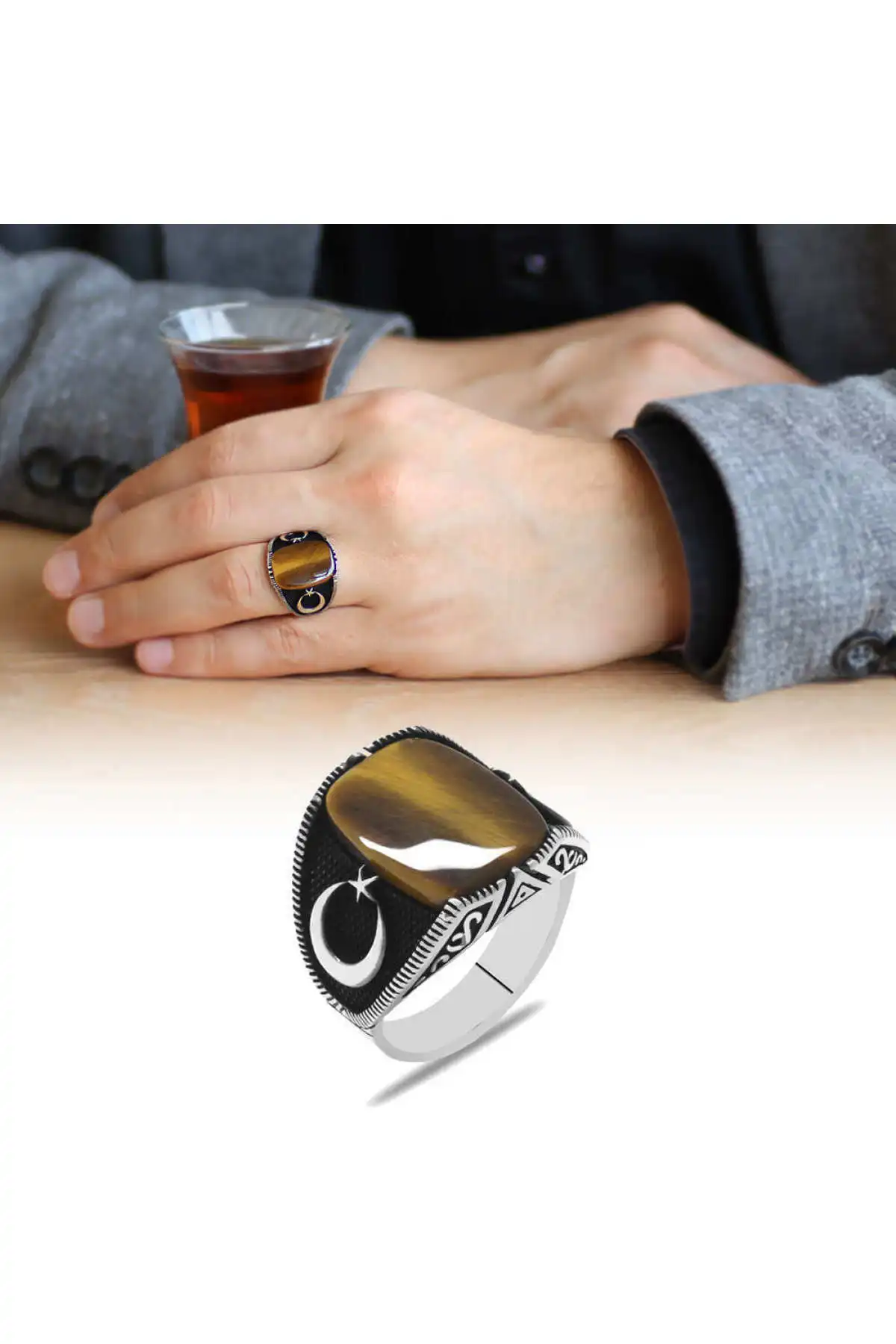 Tiger's Eye Gemstone the Moon the stars Model 925 Sterling Silver Men 'S Ring