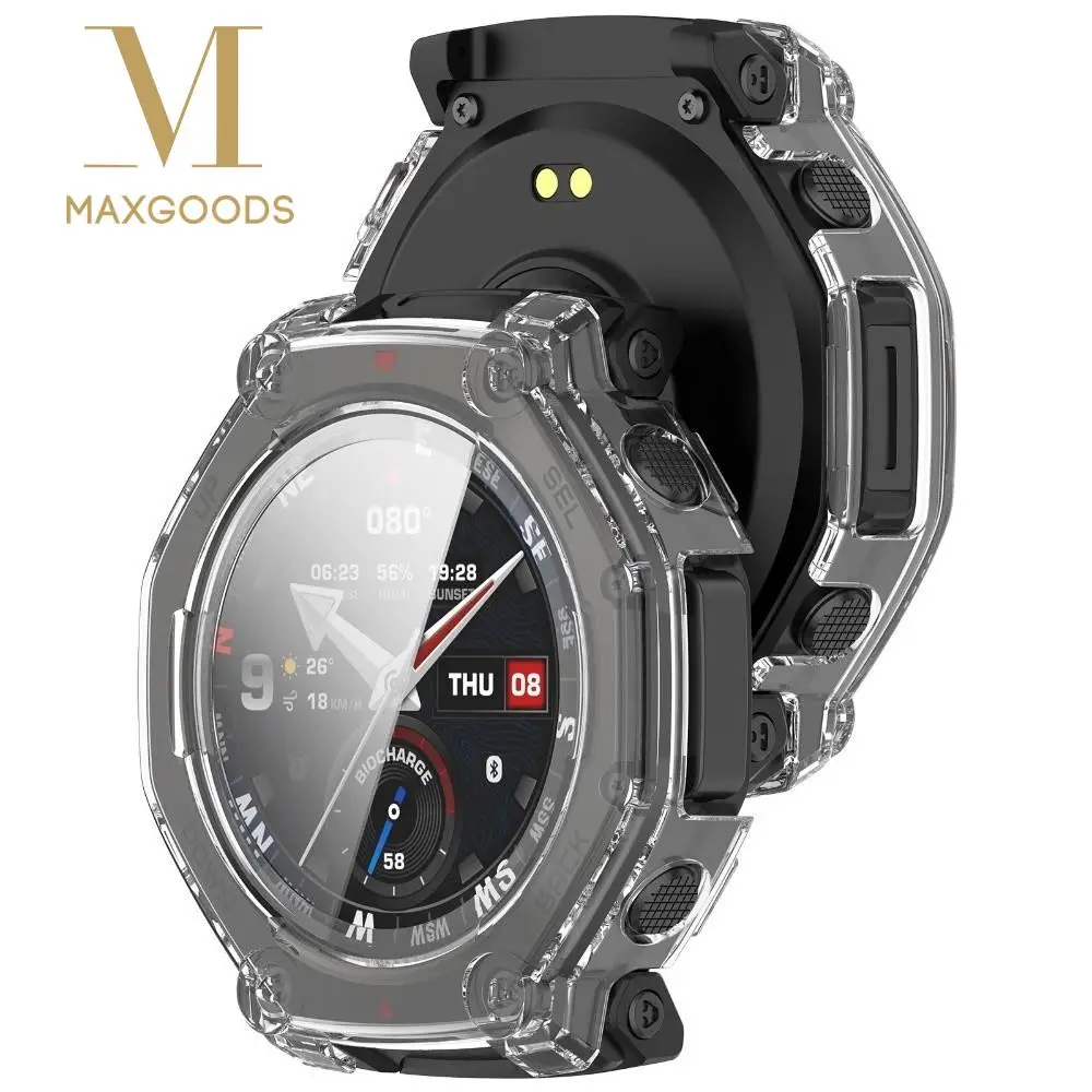 PC+Tempered Glass Protective Case Anti-Scratch 48mm Frame Bumper Soft Full Coverage Edge Shell for Amazfit T-Rex 3 Pro