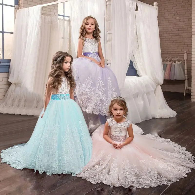 Girls Lace Long Tailing Bridesmaid Kids Dresses for Teens Girls Elegant White Party Dress Kids Evening Wedding Formal Prom Gown