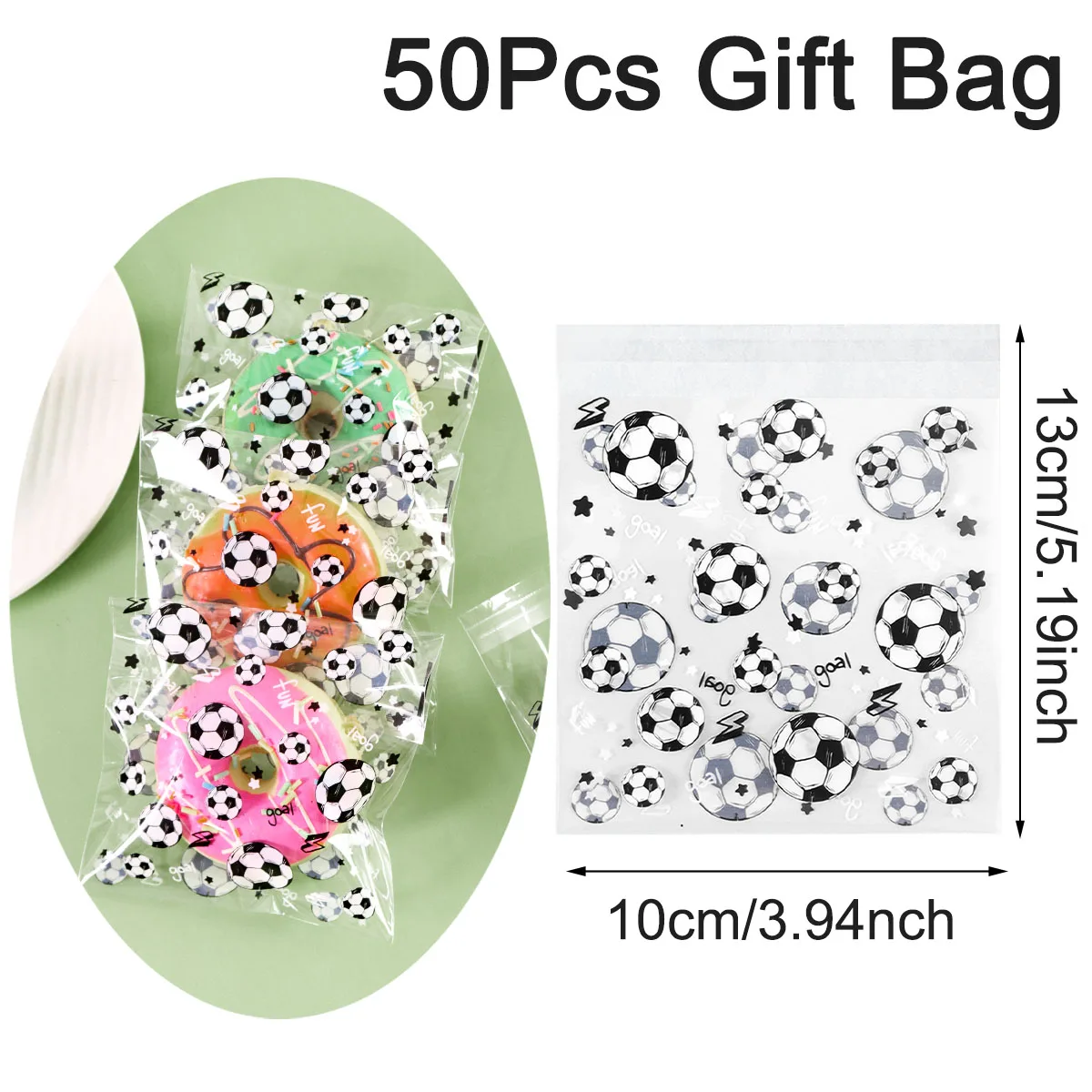 50/100 Stück Fußball-Geschenktüten, transparente Fußball-Süßigkeiten-Kekstüten, selbstklebend, für die Dekoration von Partys zum 1. Geburtstag – Detail 1