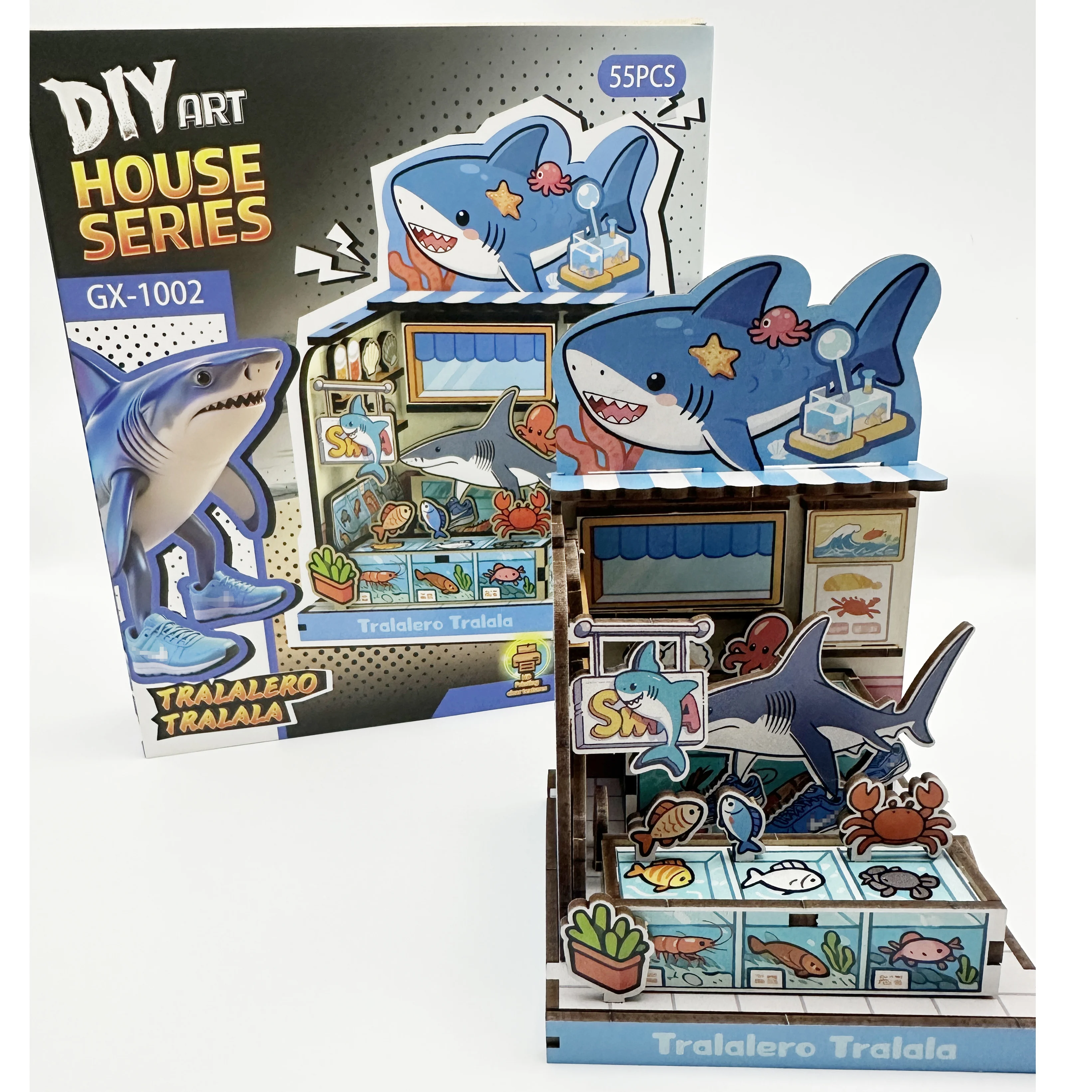 DIY 3D 木製パズル アニメハウス ミニチュアボックス 組み立てモデル構築キット 木製クラフトギフト 家族装飾 Tralalero Tralala