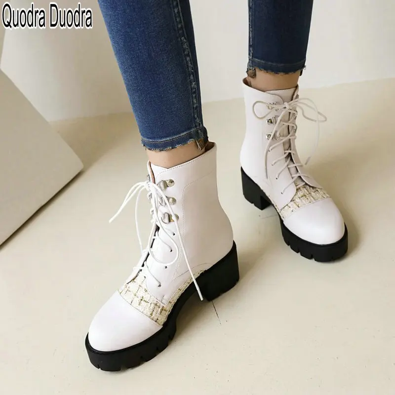 Neue Frauen Schuhe Stiefeletten dicken Boden High Heels Mode Winter runde Zehen große Größe pu sexy Schnürung prägnante elegante Büro