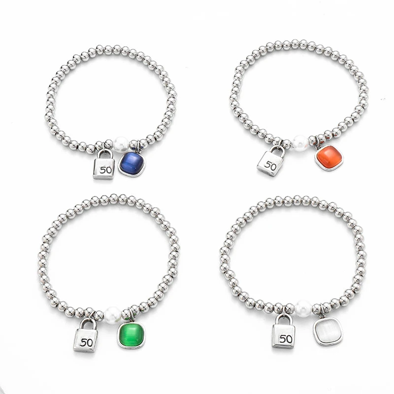 

Fashion Stainless Steel Silver Beaded Bracelet Women Lock Rainbow Opal Charm Pearl Bracelet Key 50 Jewelry