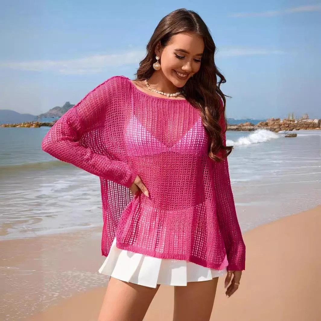 

Spring Summer New Knitted Long Sve Beach Cover up Faionable Holiday Bikini Beach Cover up Pure Color Men's Set Other Set