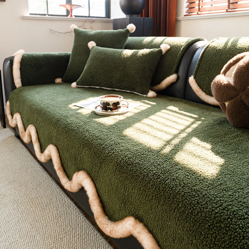 New Warm Lambswool Sofa Cushion Solid Soft Thick Couch Slipcover for Fall and Winter Pet Friendly Easy-Care Furniture Protector