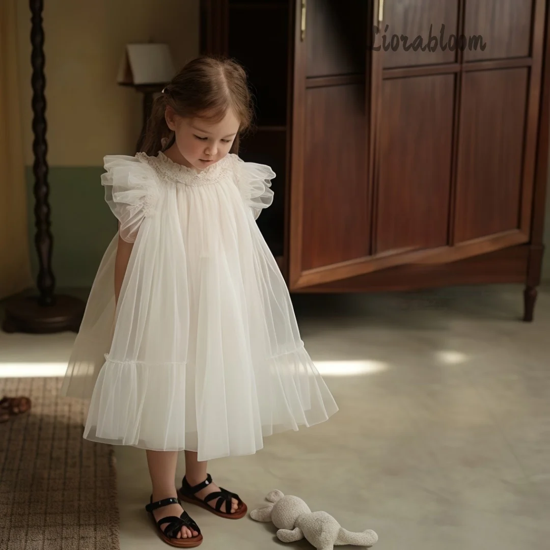 

White Tulle Dress Girls' Everyday Dress Elegant Evening Gown Flutter Sleeve Flower Girl Dress New Princess Party Dress