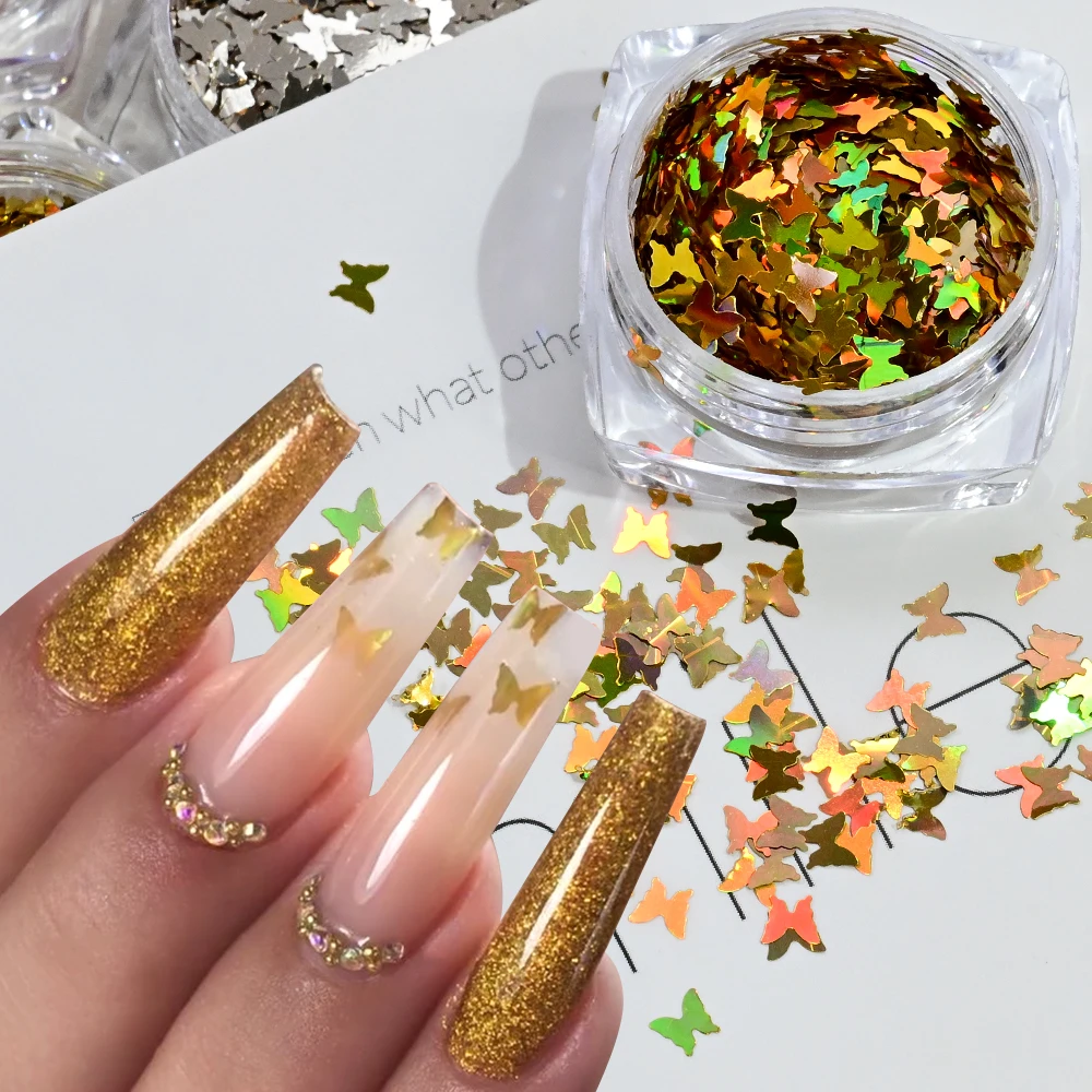 12Pcs 레이저 나비 네일 아트 반짝이 장식 조각 홀로그램 반짝 이는 나비 조각 Paillette DIY 매니큐어 장식 액세서리