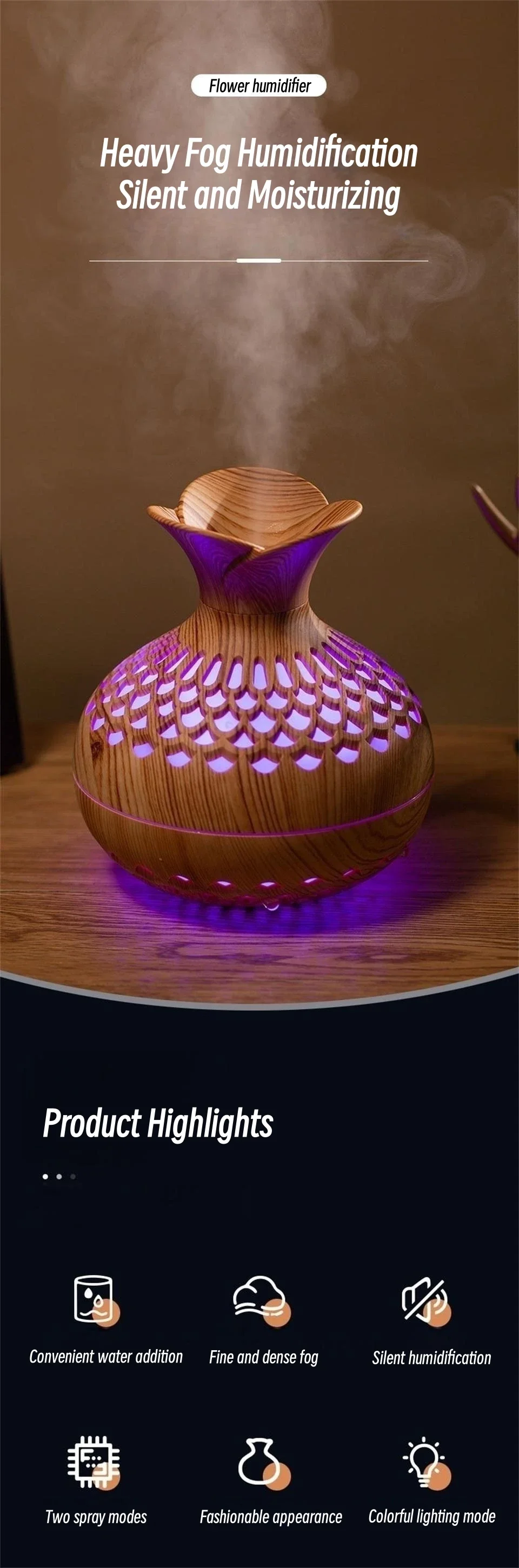 Holzmaserung Vase Luftbefeuchter Haushalt Elektrische Ultraschall-luftbefeuchter Desktop Ätherisches Öl Diffusor Luftreiniger Hause Zimmer – Detail 1