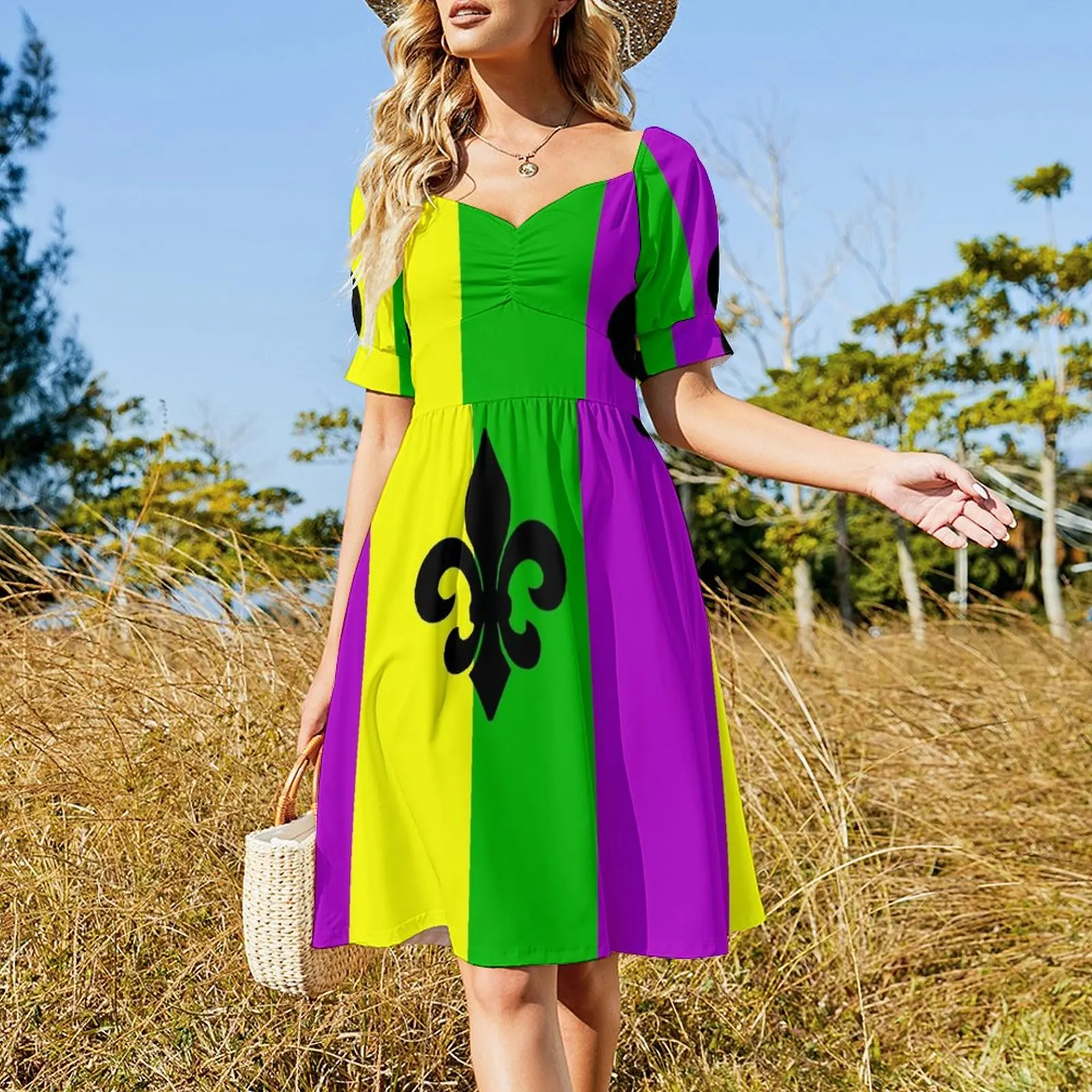 Fleur de Lis with Mardi Gras colors Short Sleeved Dress summer dresses womens 2025 Dress