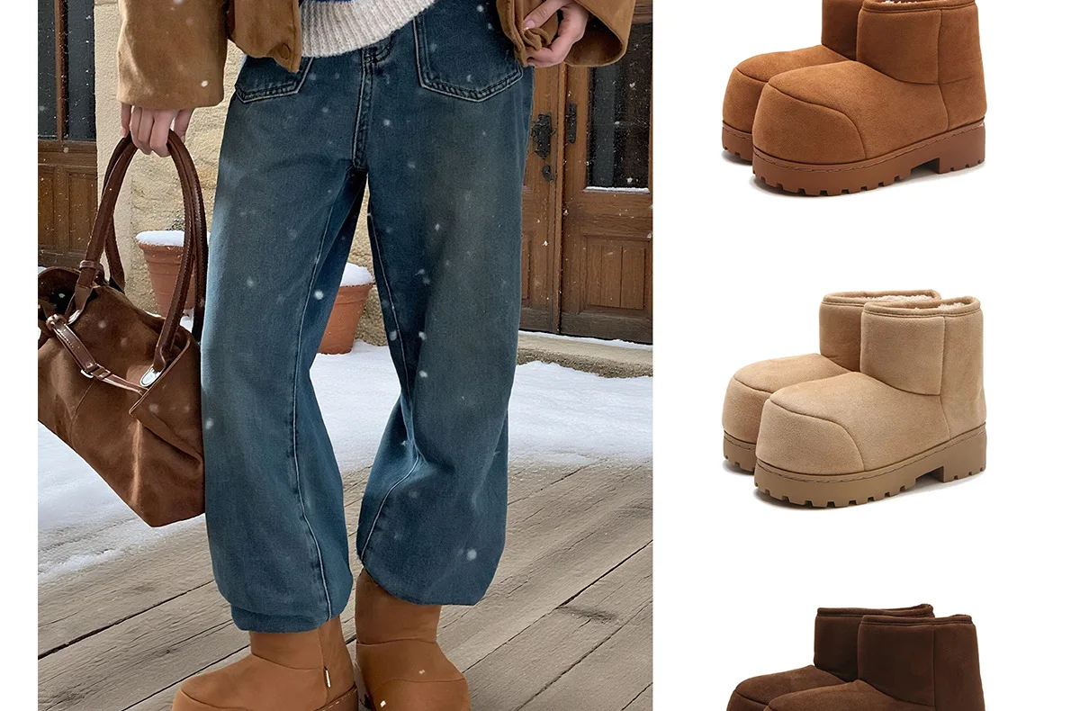 Neue Damen-Schneestiefel mit niedrigem Absatz, Markenschuhe, Winter-Knöchelstiefel zum Überziehen, warme Plüschschuhe für Damen, luxuriöse Damenmode, breite Stiefeletten – Detail 14