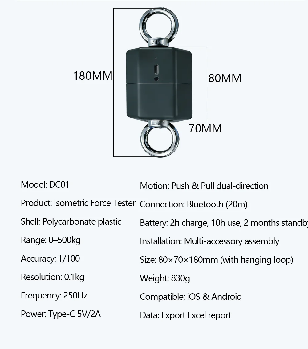 500kg Hochpräziser Isometrischer Kraftmesser Dynamometer Kraftsensor Push-Pull APP-Steuerung RFD Peak Force Paket 2 – Detail 15