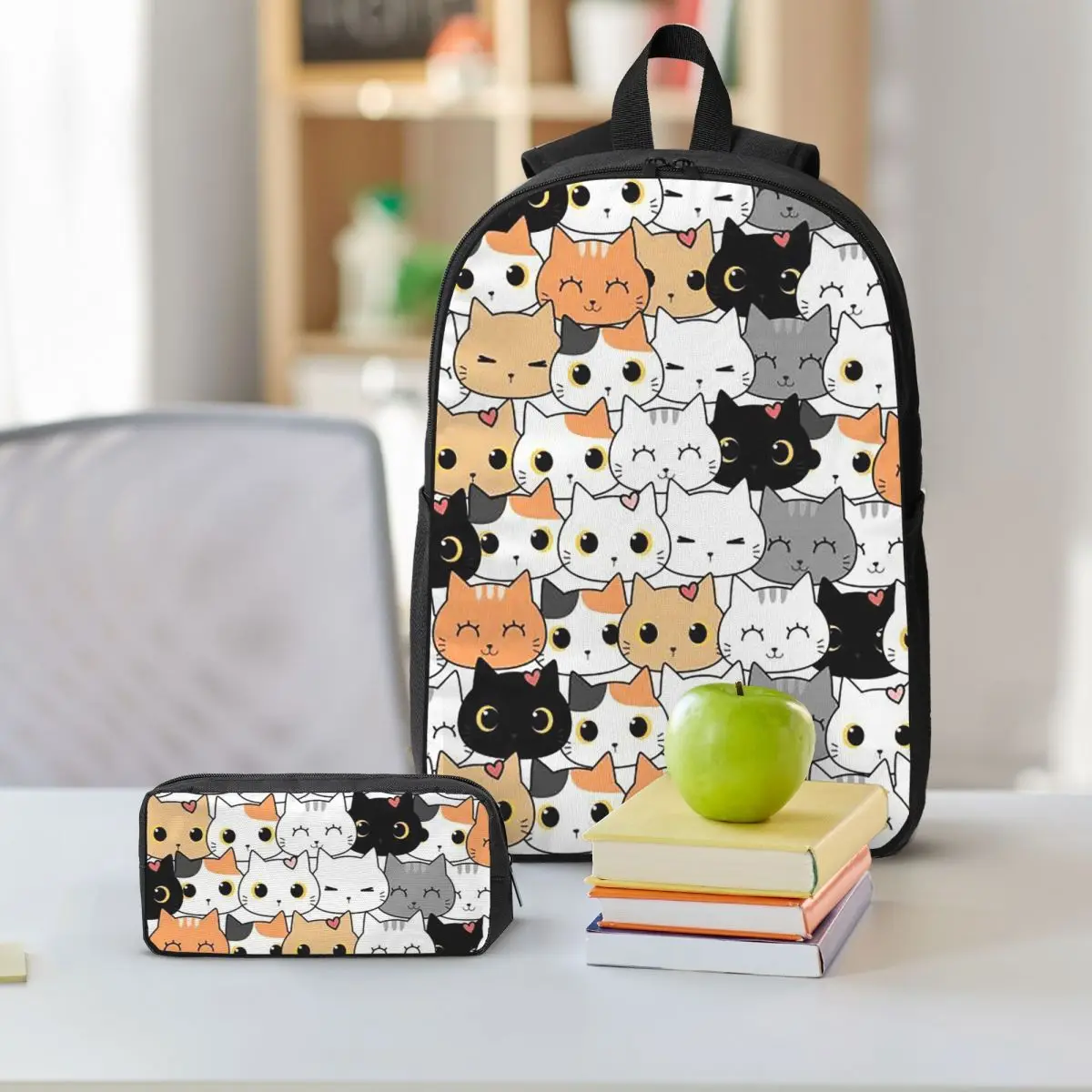Cute Kitten Cat Cartoon Pattern Backpack Boys Girls BookBag School Bag Shoulder Bags 3ps Insulated Lunch Bag Pencil Case