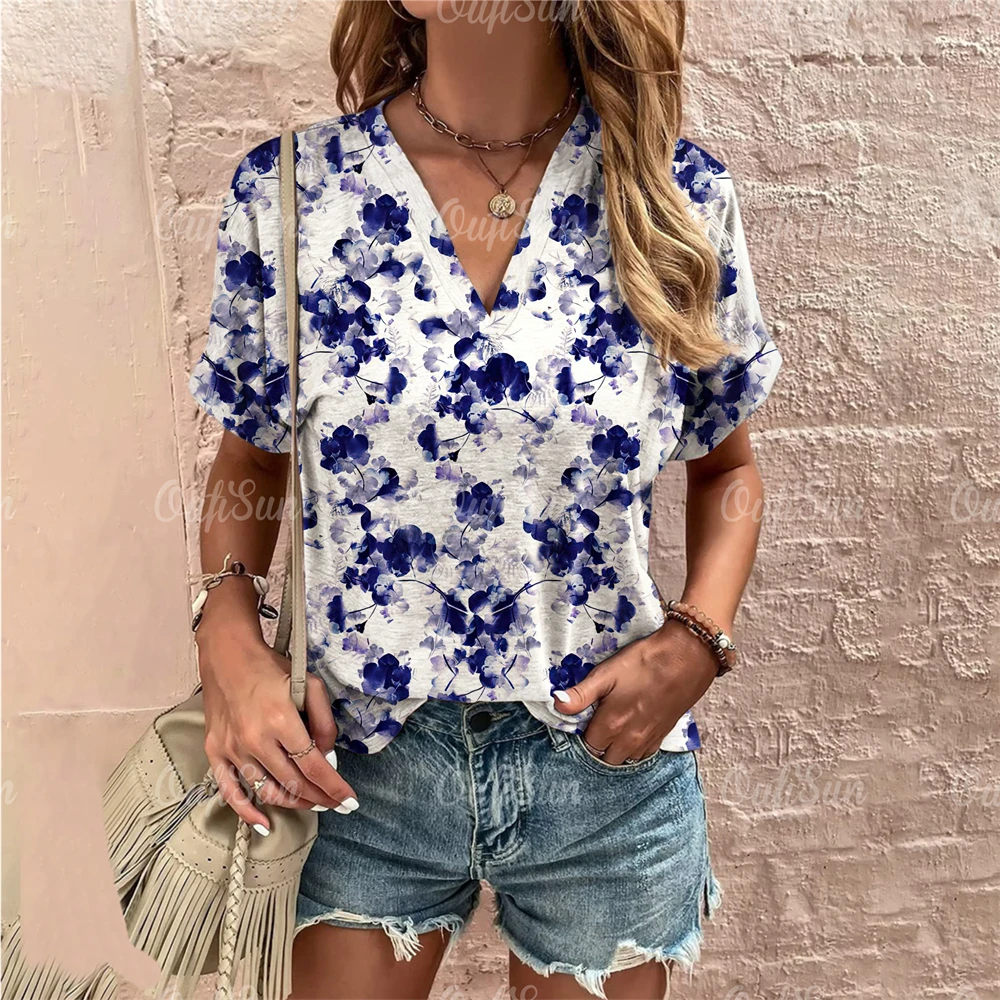 Short Sleeve V Neck Tshirt Women\'s Fashions Loose Plus Size Clothing Crushed Flower Casual T Shirts Streetwear Casual Woman Tops