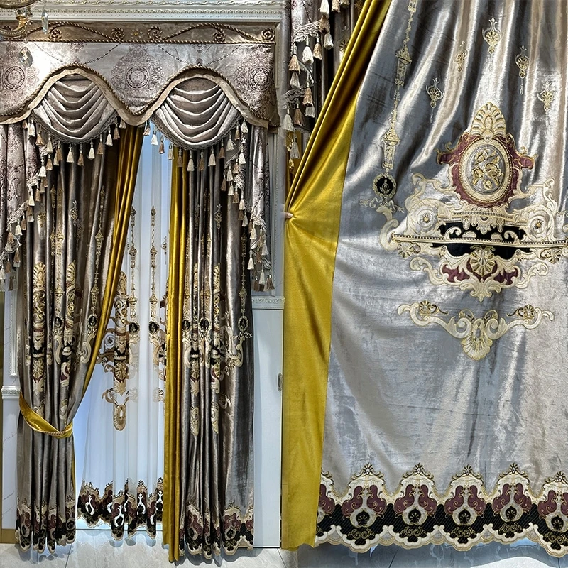 Custom villa living room luxury palace high-end retro silk velvet coffee cloth blackout curtain tulle valance drape C2157