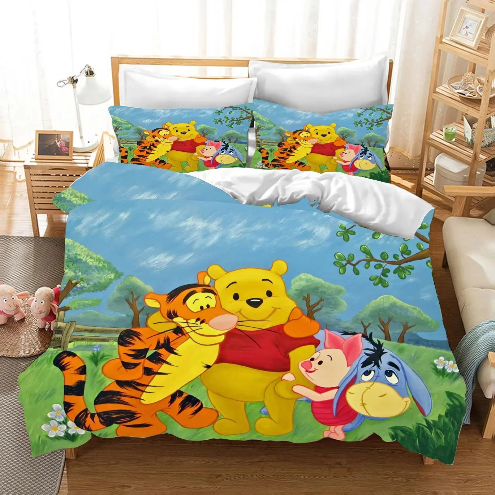 Juegos de cama de Winnie the Pooh, edredón de oso bonito, funda de cama, funda de edredón, funda de almohada, juegos de 2-3 piezas, decoración de dormitorio