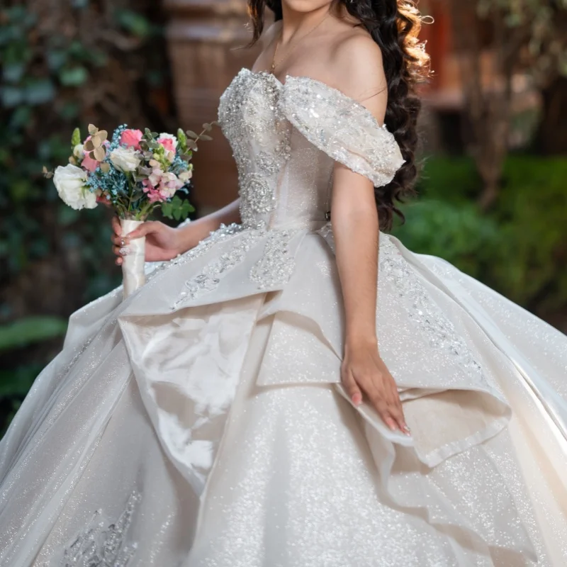 

Shiny Light Champagne Quinceanera Dresses Off the Shoulder Crystal Decal Long tail Big Bow Vestido e 15 Quinceanera Customize