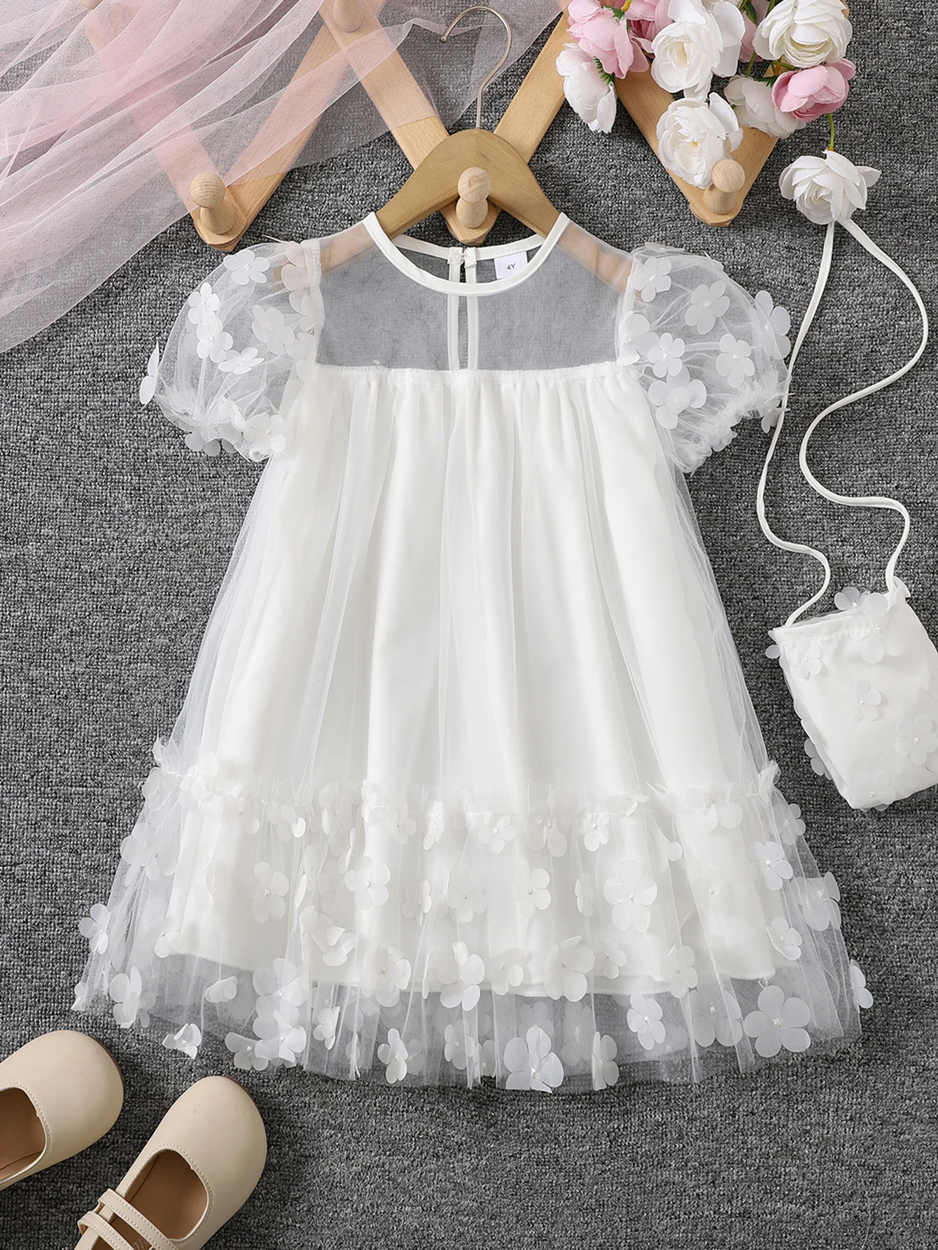 Girls Summer Mesh Splicing Three-dimensional Flower Fashion Princess Dress with Crossbody Bag Dress