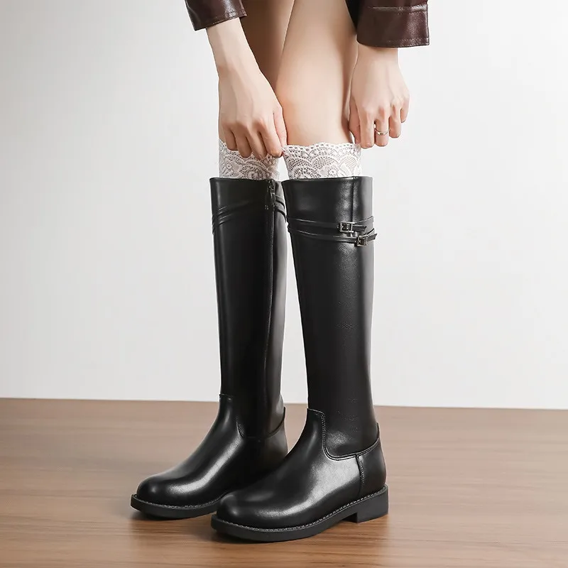 2026Women's Boots High Quality Leather Knee-high Boots Classic Black Straight Boots Fashion Women Knight Boot Botas Largas Mujer