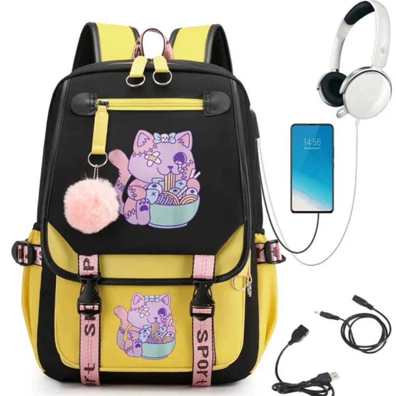 Ransel Anime untuk wanita ransel kartun Pastel Goth kucing makan Ramen ransel remaja tas sekolah siswa tas Travel perempuan