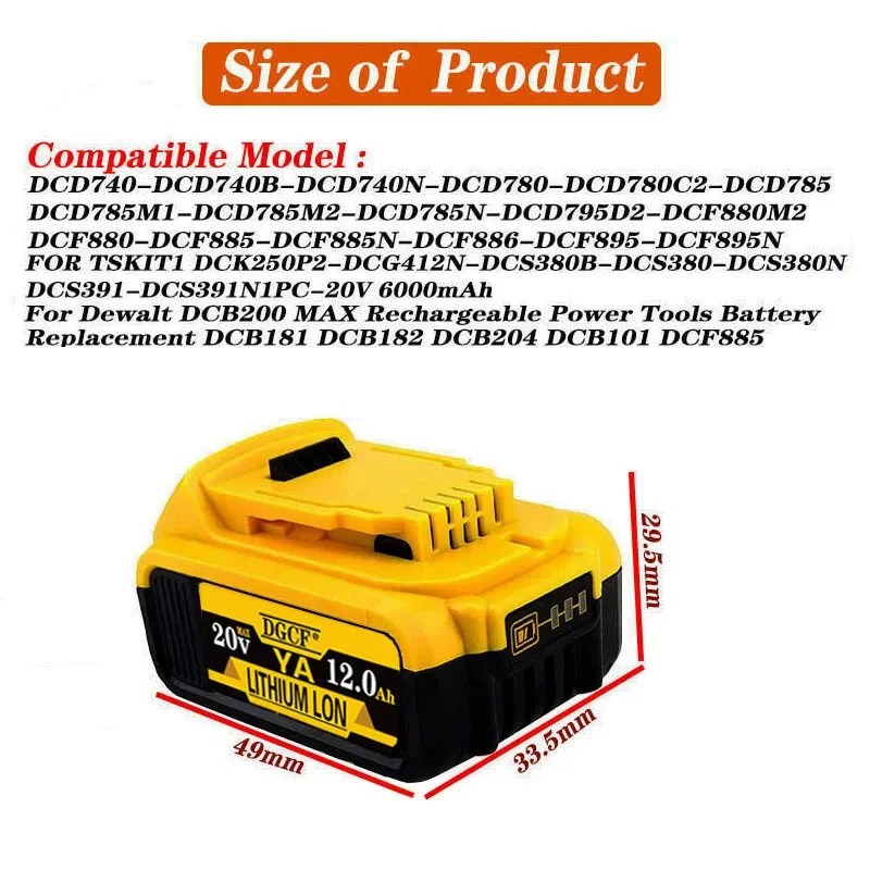 DCB200 20V 18v 12Ah Batterij Compatibel met dewalt elektrisch gereedschap 18V 12Ah oplaadbaar elektrisch gereedschap Lithiumbatterijen 20V 18Volt