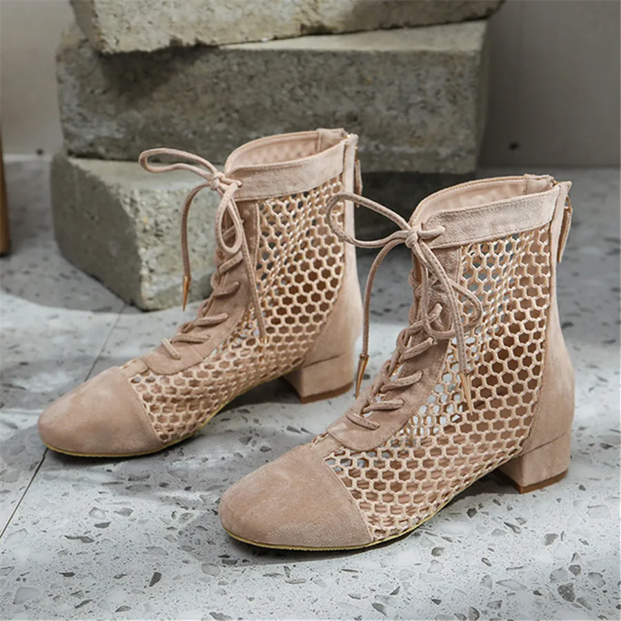 2024 Fashion Mesh Women Summer Boots Hollow Out Gladiator Sandals Chunky Heel Lace-up Ankle Boots Ladies Short Booties Shoes