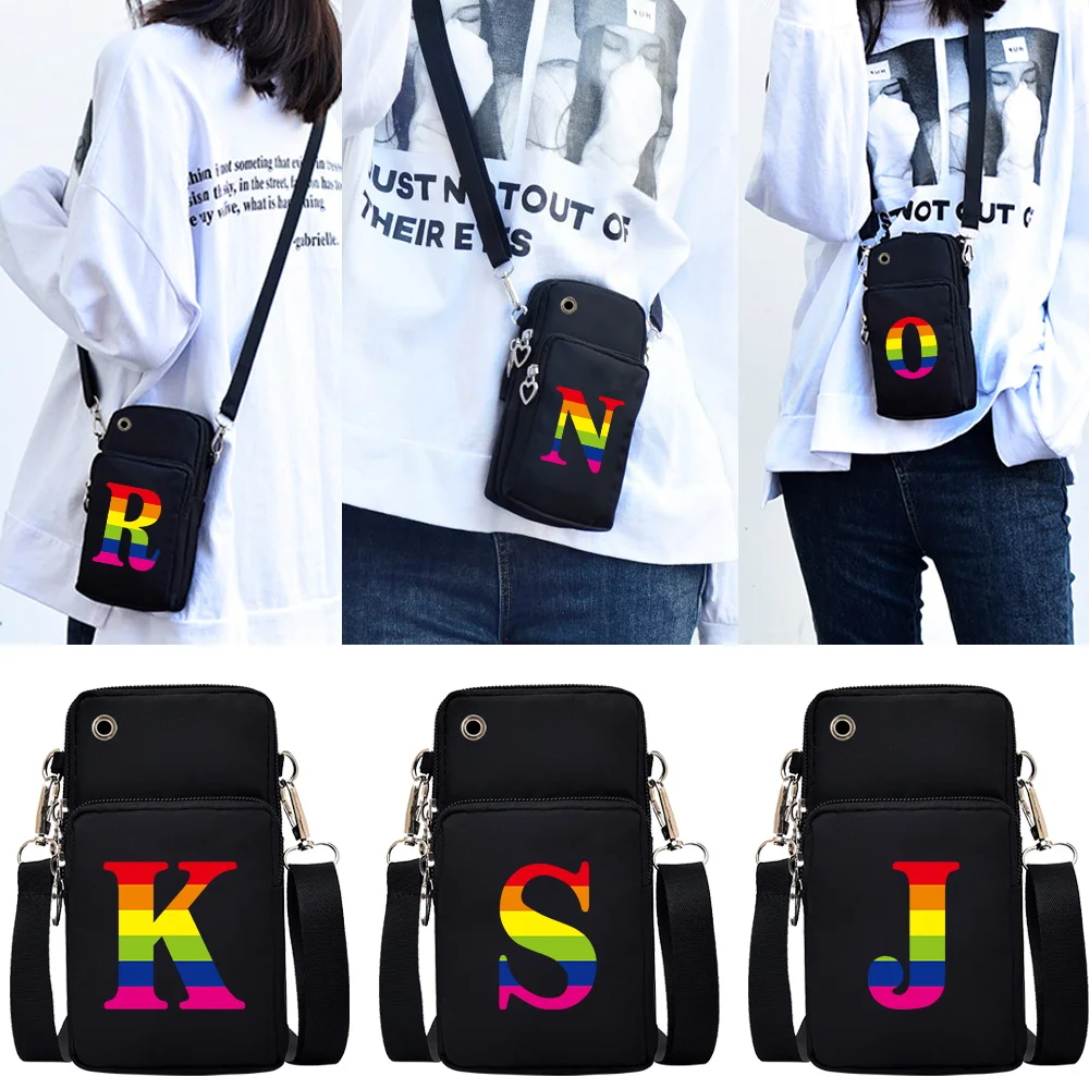 Mobile Phone Bag Samsung/iPhone/Huawei Universal Case Handbag Sport Arm Purse Rainbow Letter A~Z Shoulder Bag Women Phone Pouch