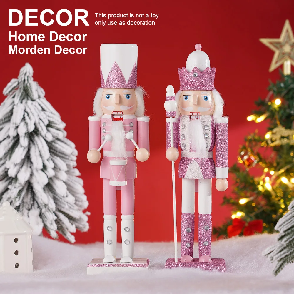 2Pcs 30CM Christmas Nutcracker Pink Glitter Wooden Nutcracker Soldier Puppet Ornament Doll Toy Home Desktop Xmas Decoration Gift