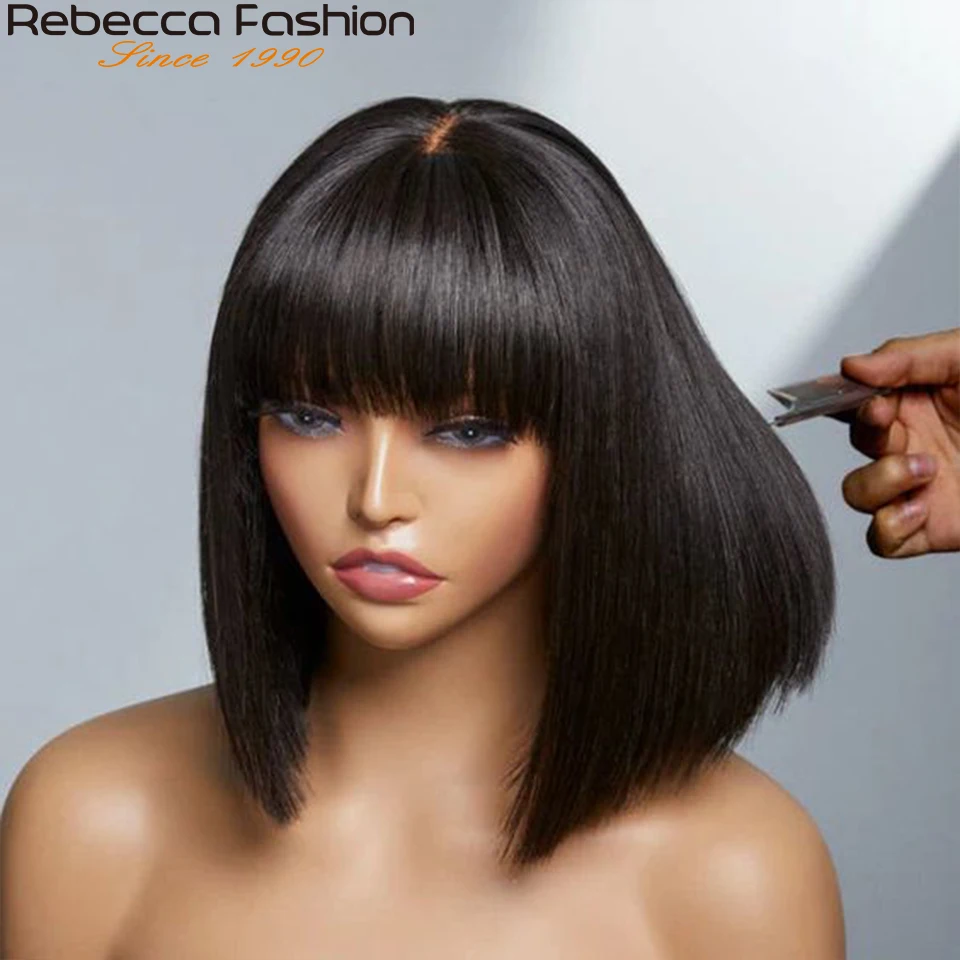 Pelucas de cabello humano lacio con flequillo, bob con raya al medio, cuero cabelludo realista, brasileño lacio con flequillo 3