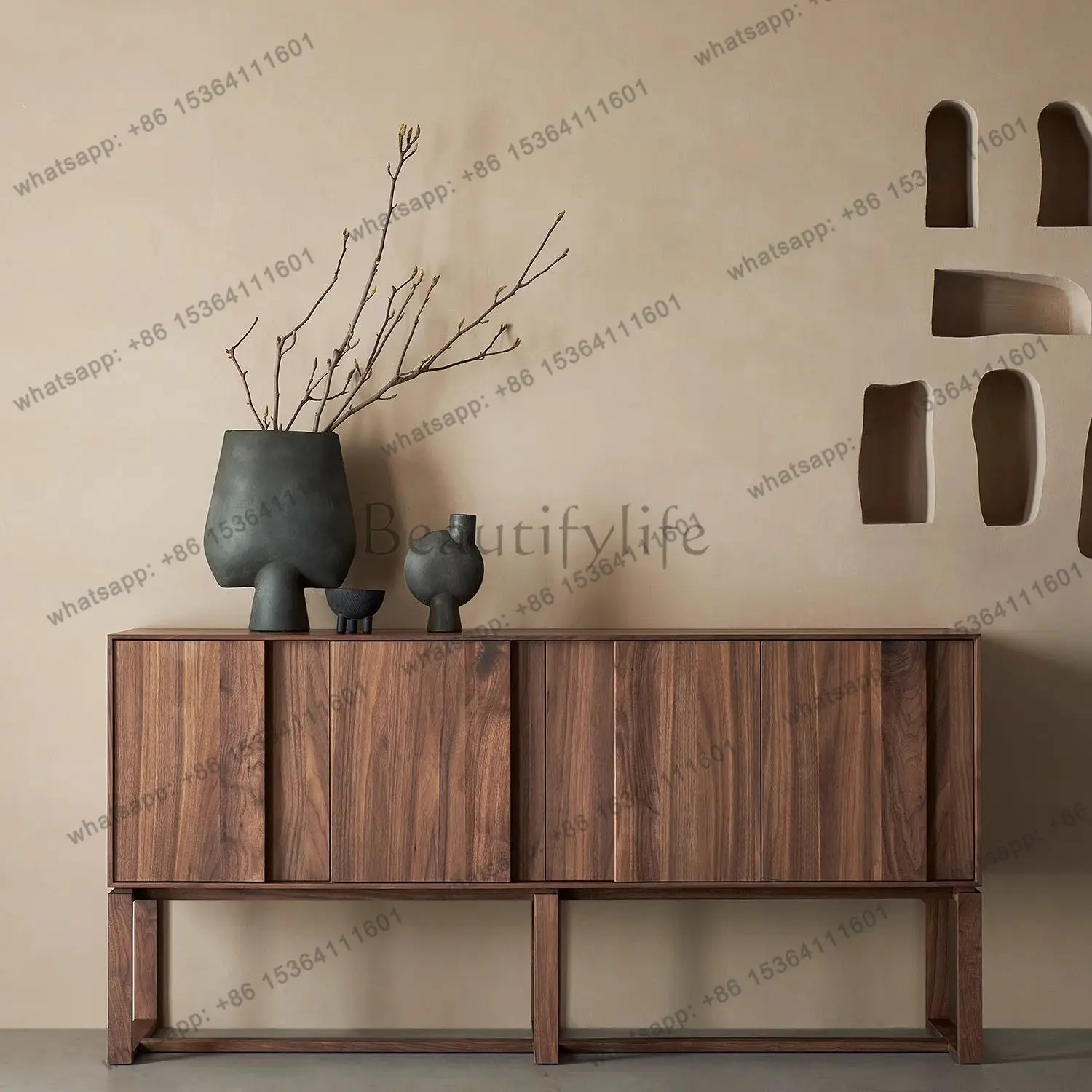 

Solid wood black walnut simple side cabinet wabi sandy wind oak living room cabinet