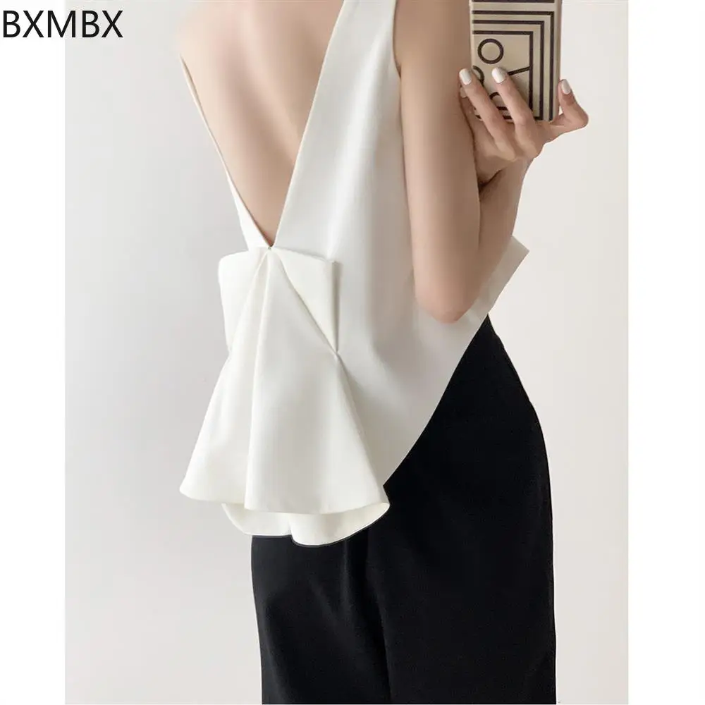 

White vest women's summer outer wear 2025 design sense niche short bow halter Spice Girl suspender top