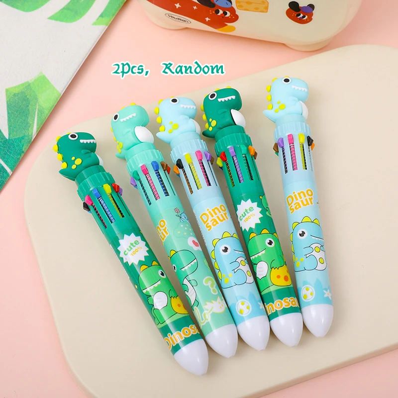 2Pcs Cartoon Cute Dinosaur Multicolor Pen Ten Color Signature Pens Creative Quick-Drying Neutral Pens Writing Smooth Neutral Pen