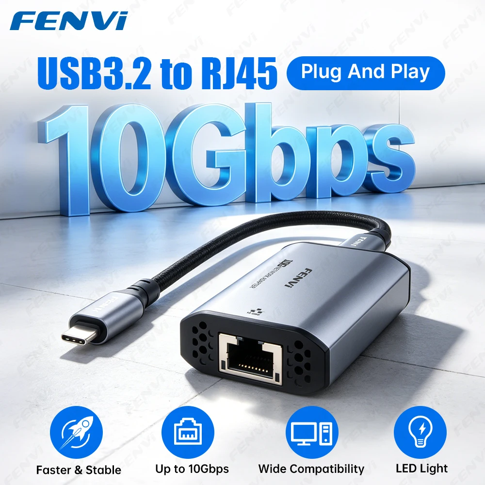 

FENVI 10Gbps Ethernet USB Network Adapter RTL8159 USB 3.2 Gen2x2 to RJ45 Gigabit Network Card Adapter For PC Laptop Windows10/11