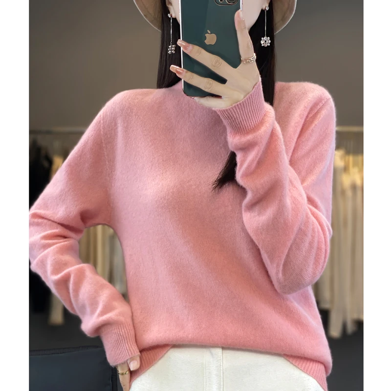 2024 Autumn/Winter New Knitted Pure Wool Half High Collar Casual Woolen Sweater Versatile and Slim Look