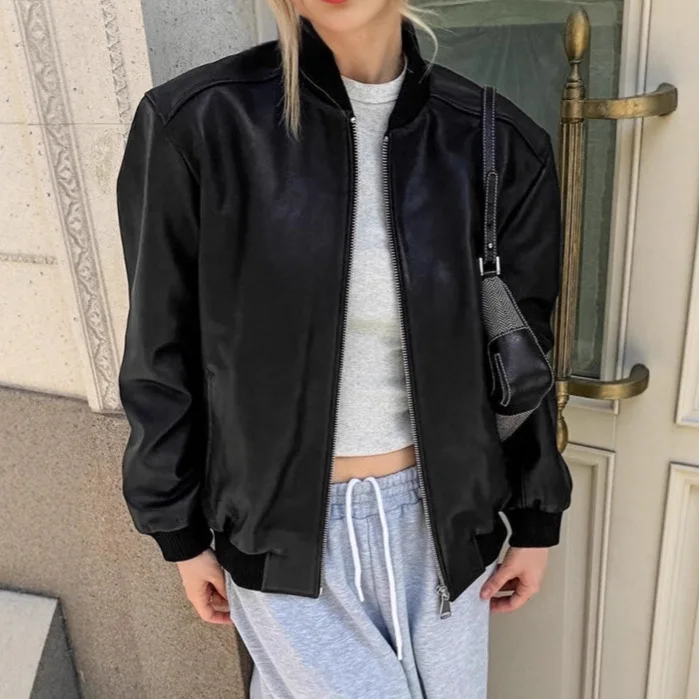 

Black Autumn Women's Baseball Jacket Round Neck Drop Shoulder Zipper Fly Outwear For Female High Street Lady's Motorcycle Jacket