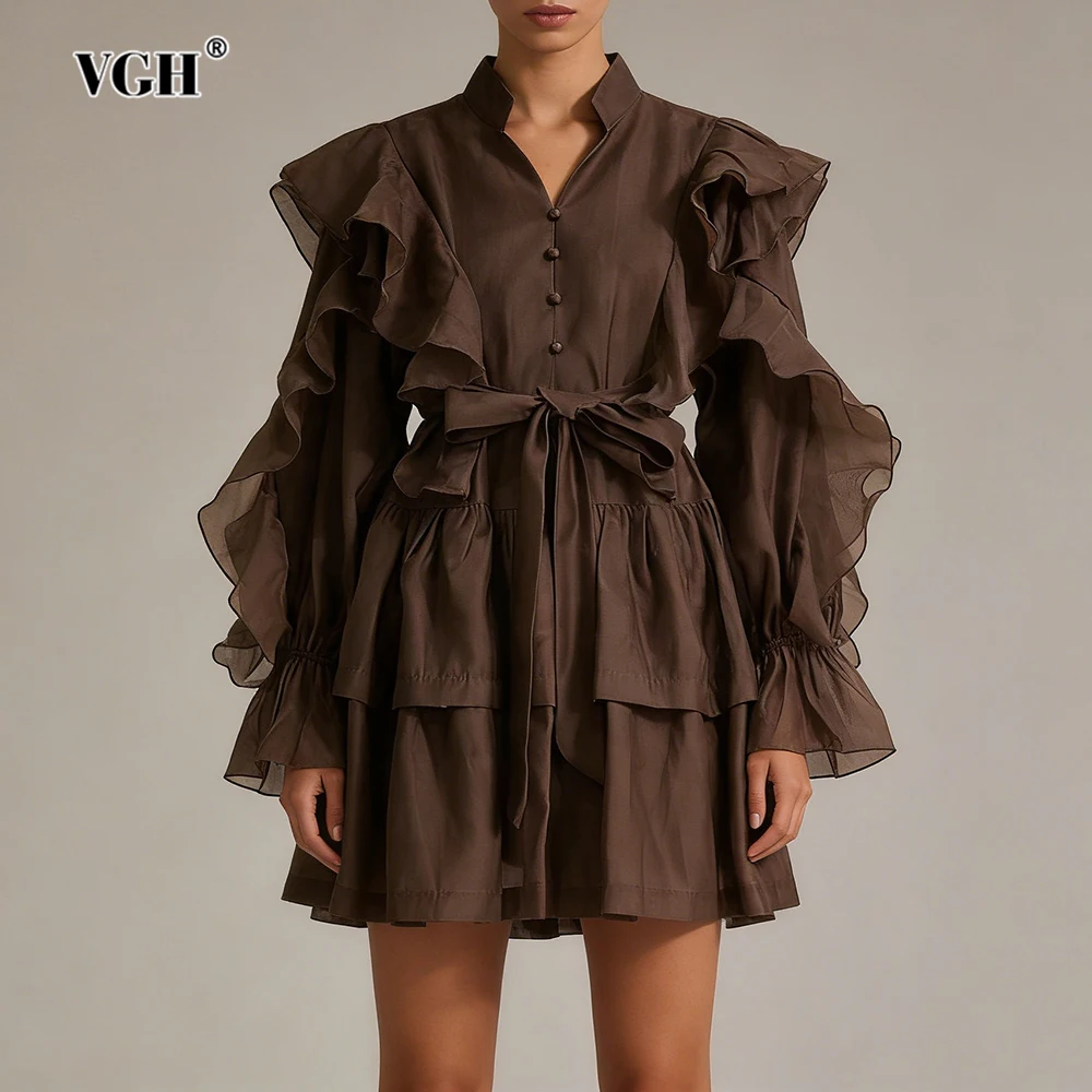 VGH الفرنسية الحلو المرقعة Bowknot فستان قصير للنساء الخامس الرقبة طويلة الأكمام عالية الخصر الكشكشة فساتين الشيفون الإناث ربيع جديد