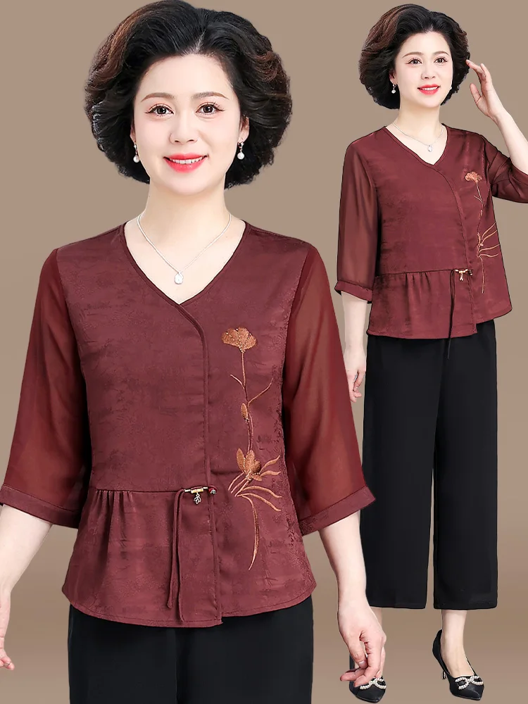 

New Chinese Style Summer Outfit Set for Mom Short Sleeve Top And Bottoms Mid-aged And Elderly Women Fashionable And Comfortable
