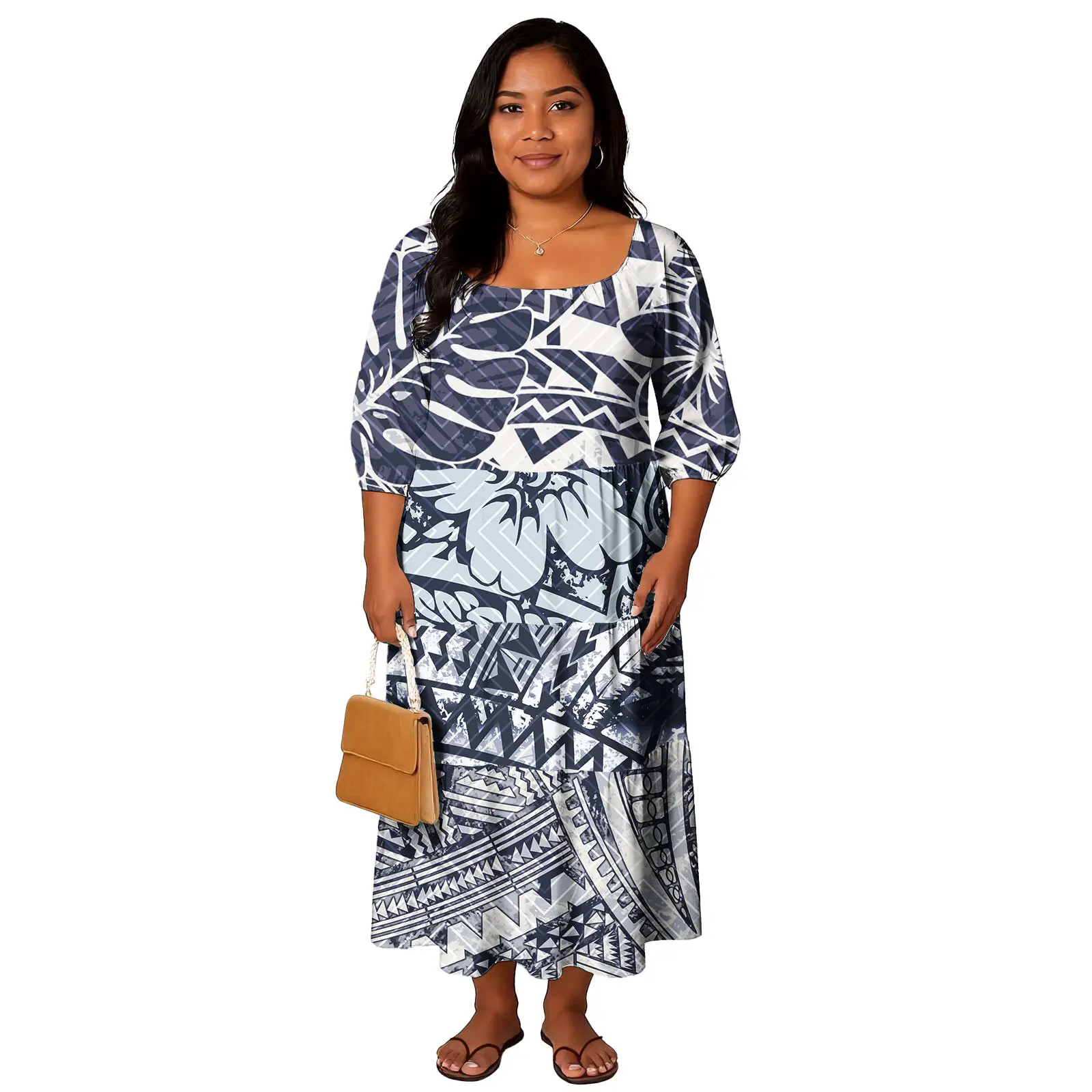 

Polynesian Clothes Custom Logo Brand New Elegant Samoa Dress Hawaiian Formal Women Print Plus Size Casual Island Dress