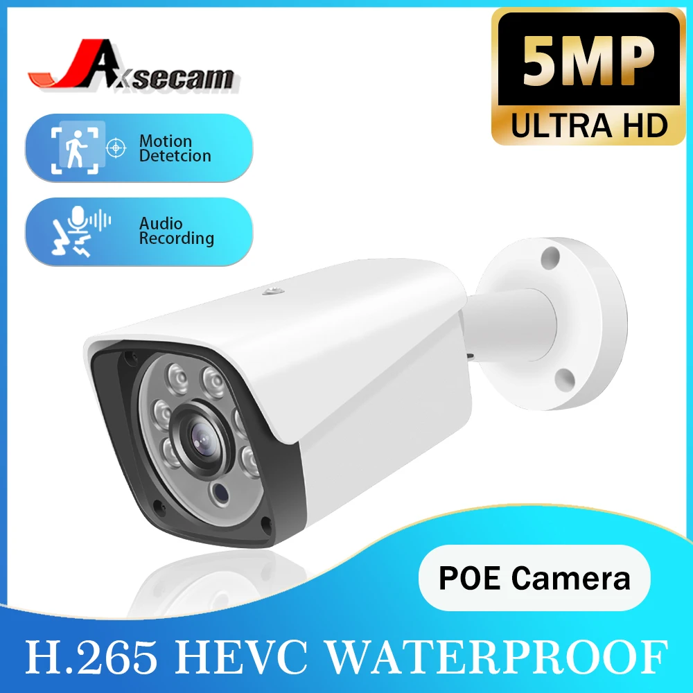 กล้อง IP 5MP PoE สำหรับกลางแจ้งกล้อง CCTV แบบมีสาย Rj45กันน้ำ H265กล้องวงจรปิดหัวกระสุนตรวจจับการเคลื่อนไหวสมาร์ทโฮม