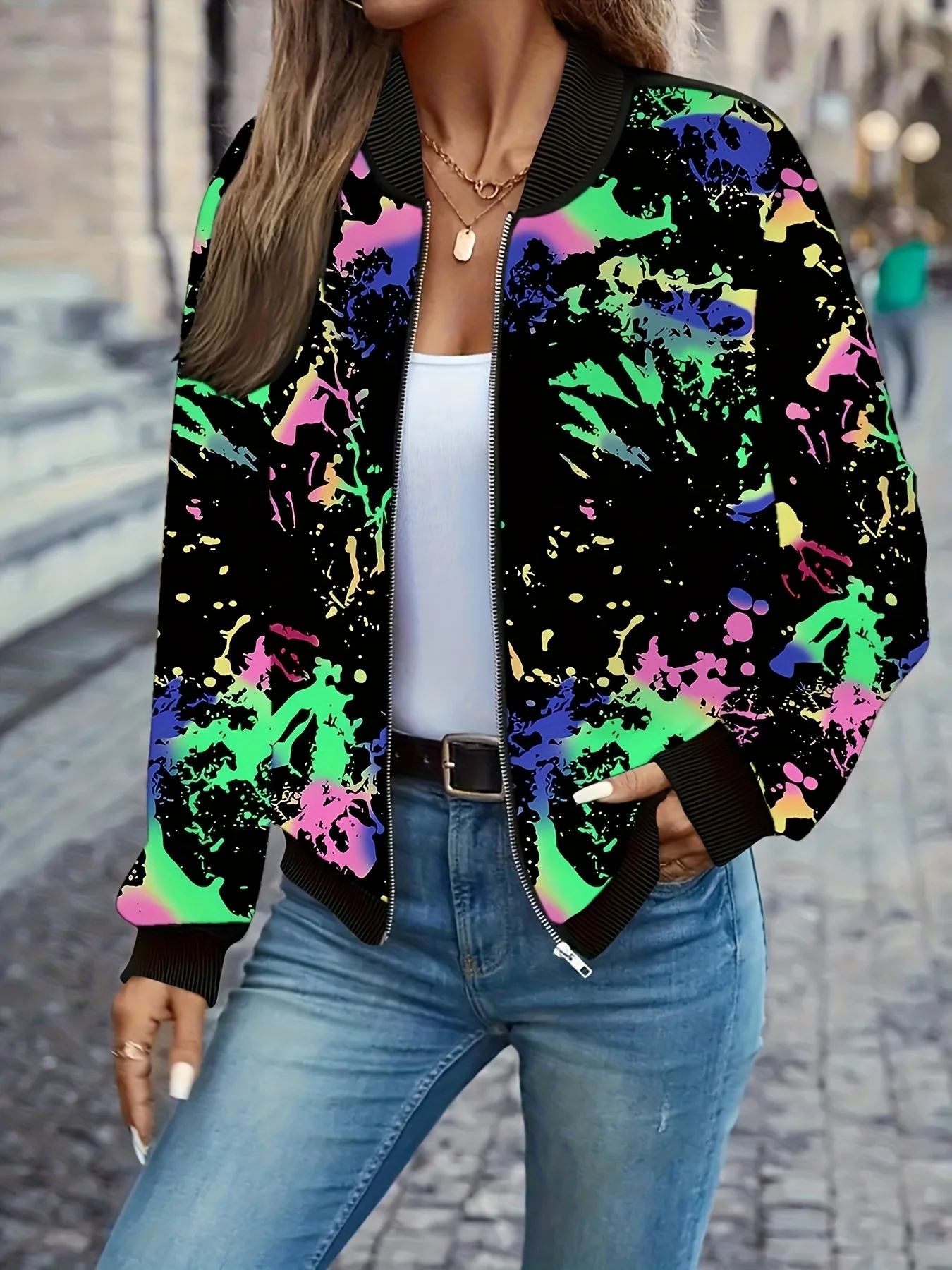 여성용 3D 프린트 재킷, 다채로운 패턴 디자인, 캐주얼 지퍼업 코트, 봄 가을 패션 아우터웨어
