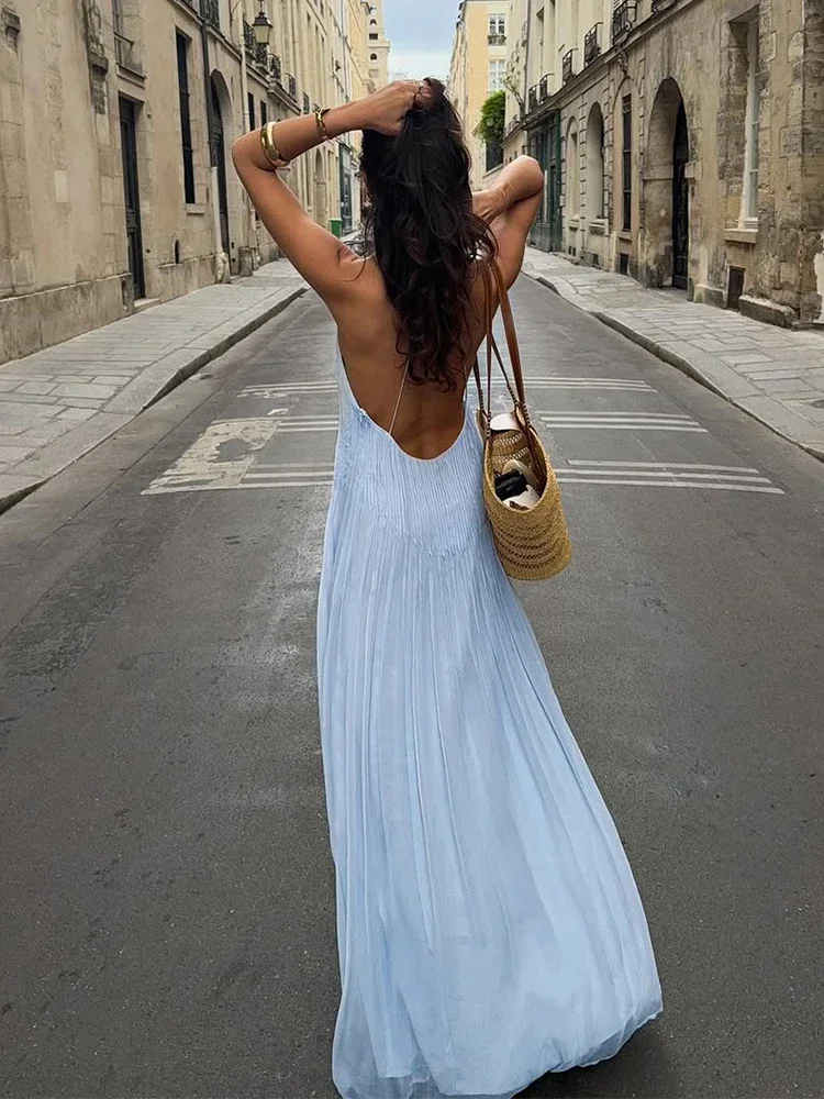 

2025 Blue Sexy Backless Pleated Long Dress Women's Elegant Spaghetti Strap Loose V-neck Robes New Lady Vacation Beach Vestidos