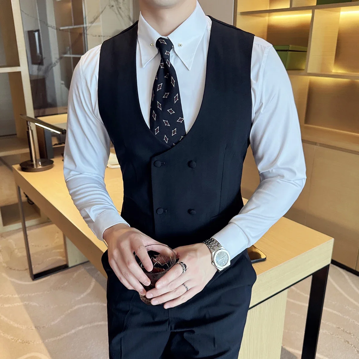 British Style Double-breasted Striped Vest With Pants Men Business Slim Fit Suit Vest 2 pieces Formal Groom Wedding Dress Vest